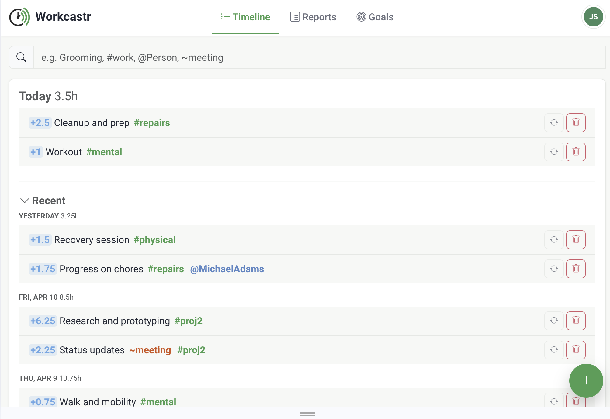 Workcastr app showing Timeline, Reports, and Goals